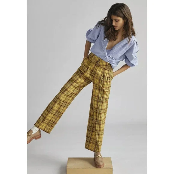 NEW Anthropologie Yellow Wide-Leg Plaid Pants - Size Medium - Picture 5 of 6